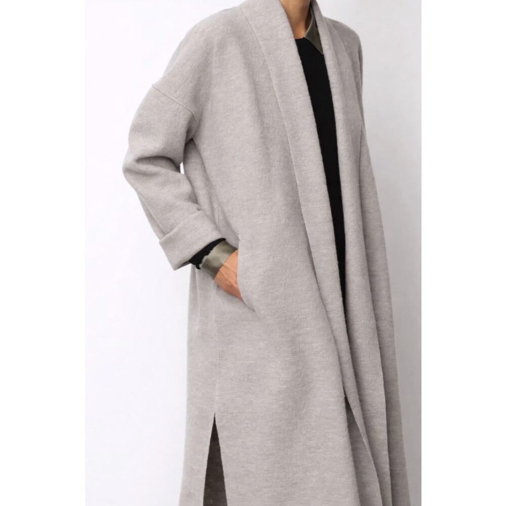 Eileen Fisher Coatigan Womens XXS Gray Open Front Oversized Pockets Long Coat